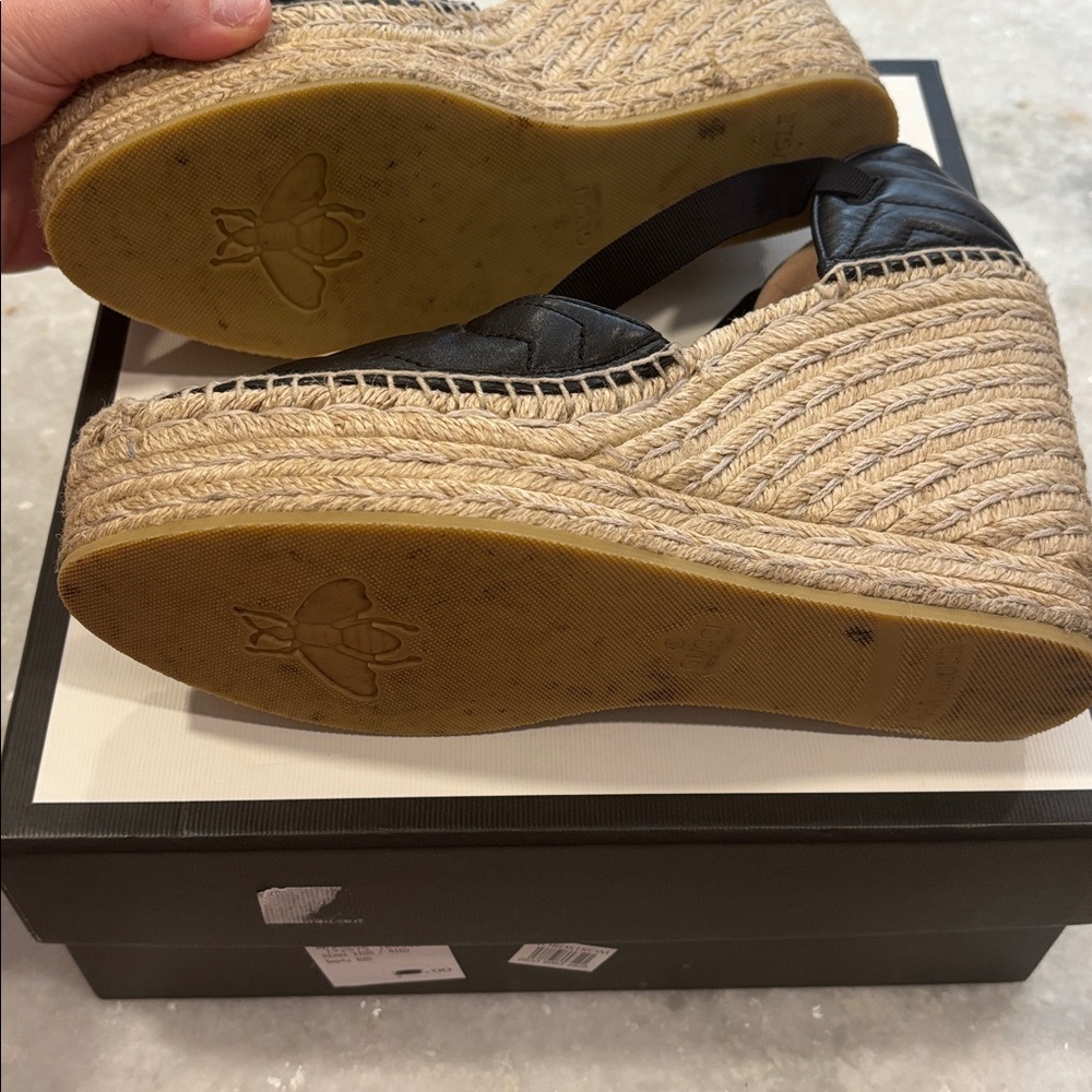 Gucci Black Matelasse Leather GG Marmont Espadrille Ankle-Tie Wedges - Picture 6 of 16